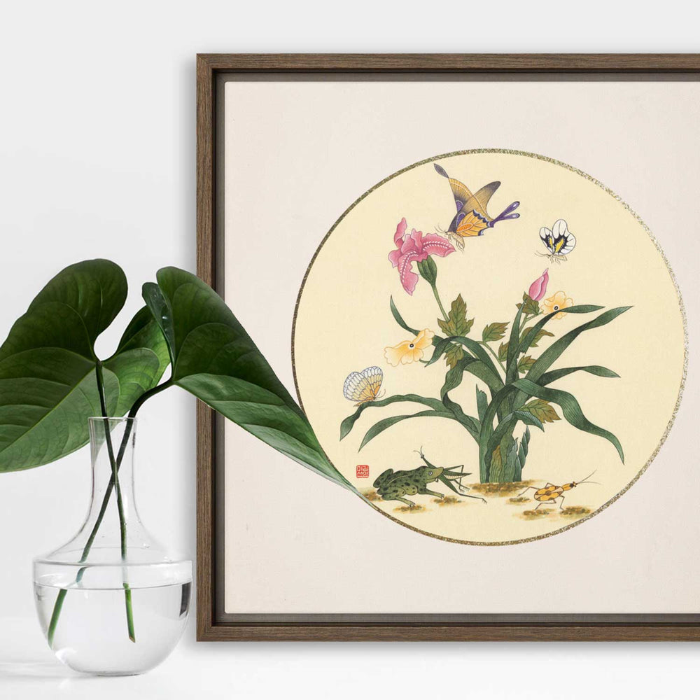 Leinwand - Blumen, Schmetteringe und Frosch artlia