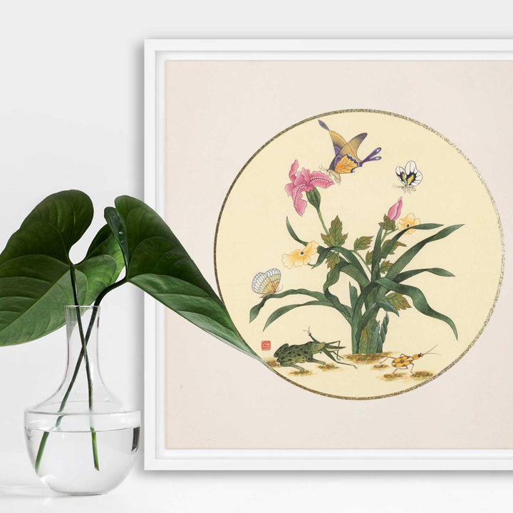 Leinwand - Blumen, Schmetteringe und Frosch artlia