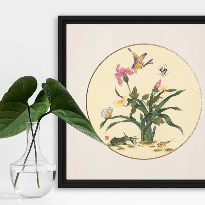 Leinwand - Blumen, Schmetteringe und Frosch artlia