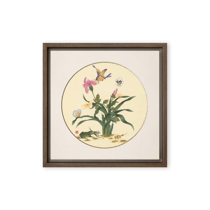 Leinwand - Blumen, Schmetteringe und Frosch Braun / 30x30 cm (12″×12″) artlia