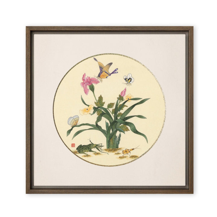 Leinwand - Blumen, Schmetteringe und Frosch Braun / 41x41 cm (16″×16″) artlia