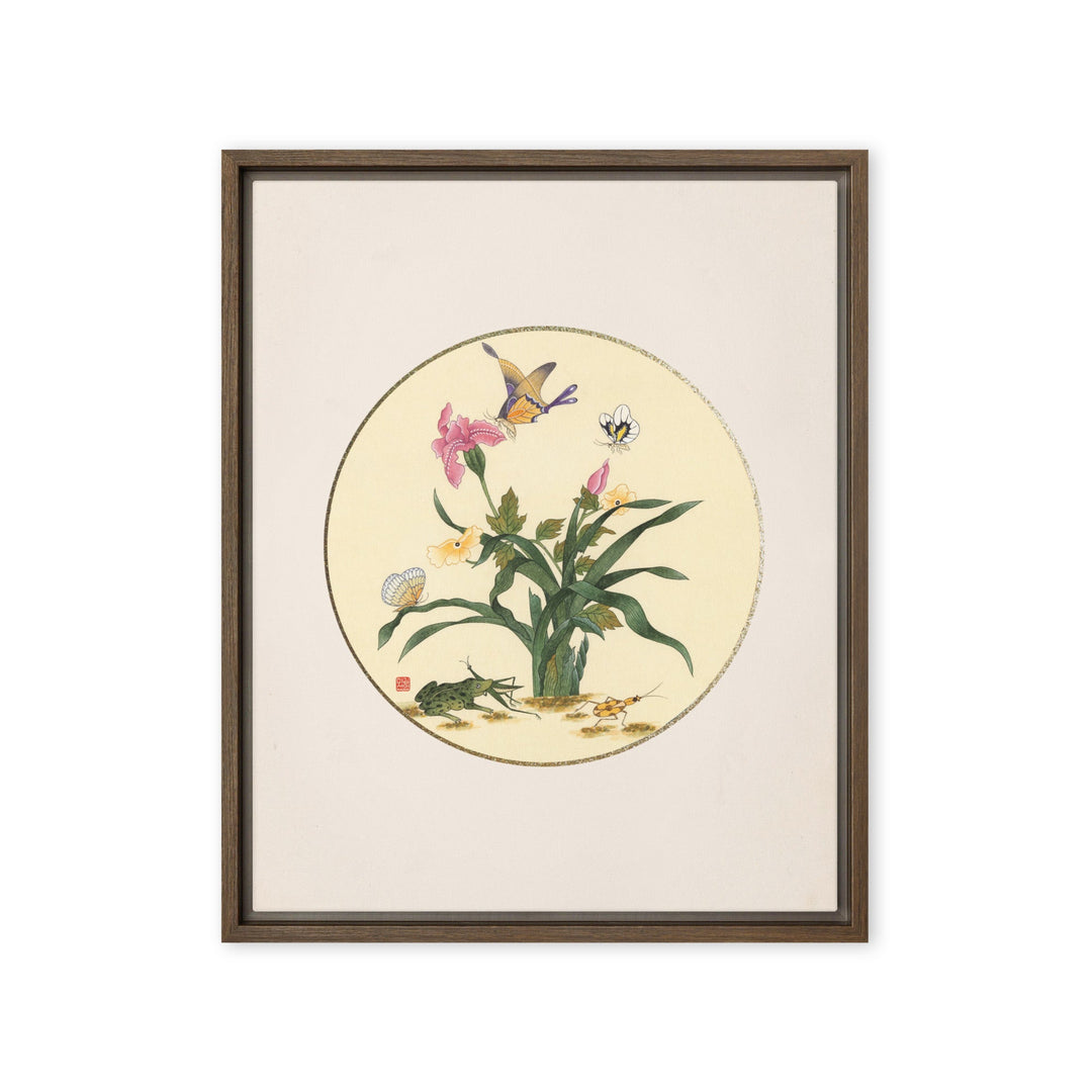 Leinwand - Blumen, Schmetteringe und Frosch Braun / 41x51 cm (16″×20″) artlia