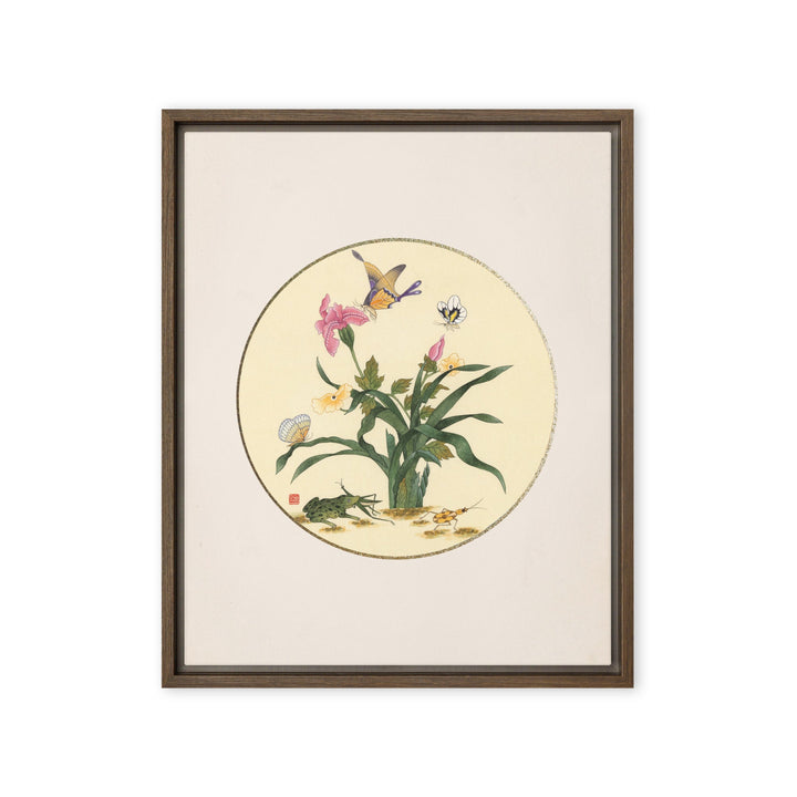 Leinwand - Blumen, Schmetteringe und Frosch Braun / 41x51 cm (16″×20″) artlia