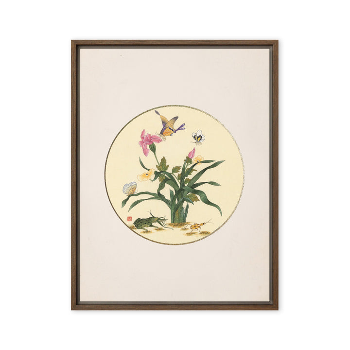 Leinwand - Blumen, Schmetteringe und Frosch Braun / 46x61 cm (18″×24″) artlia