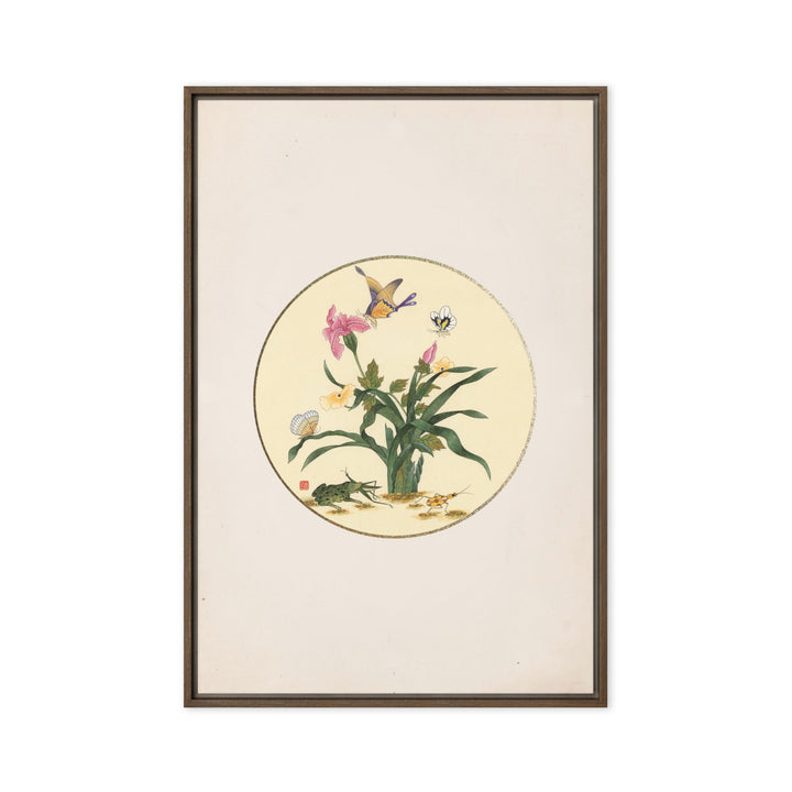 Leinwand - Blumen, Schmetteringe und Frosch Braun / 61x91 cm (24″×36″) artlia