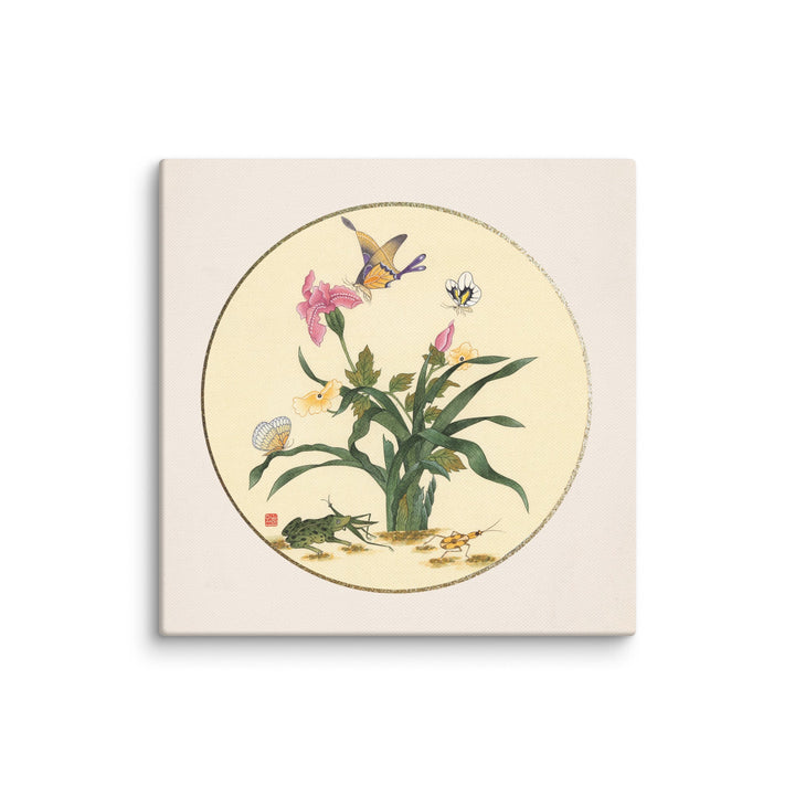 Leinwand - Blumen, Schmetteringe und Frosch ohne Rahmen / 30x30 cm (12″×12″) artlia