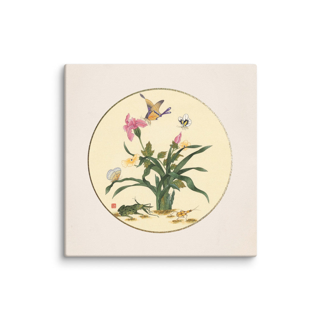Leinwand - Blumen, Schmetteringe und Frosch ohne Rahmen / 41x41 cm (16″×16″) artlia