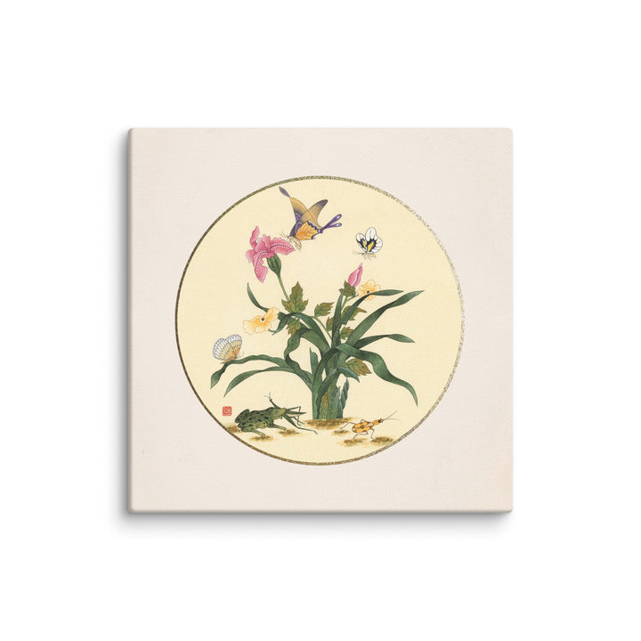 Leinwand - Blumen, Schmetteringe und Frosch ohne Rahmen / 41x41 cm (16″×16″) artlia