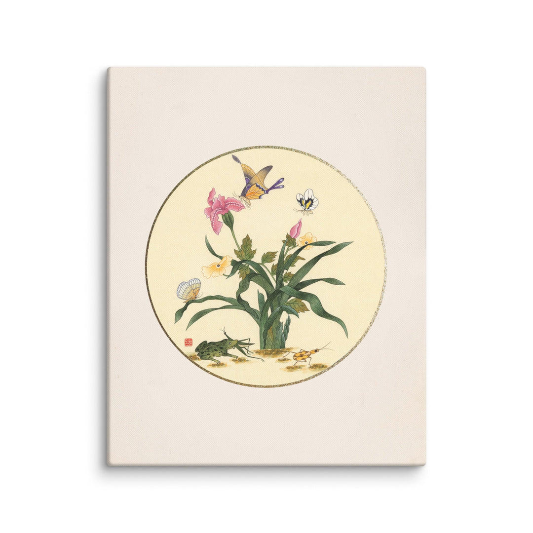 Leinwand - Blumen, Schmetteringe und Frosch ohne Rahmen / 41x51 cm (16″×20″) artlia