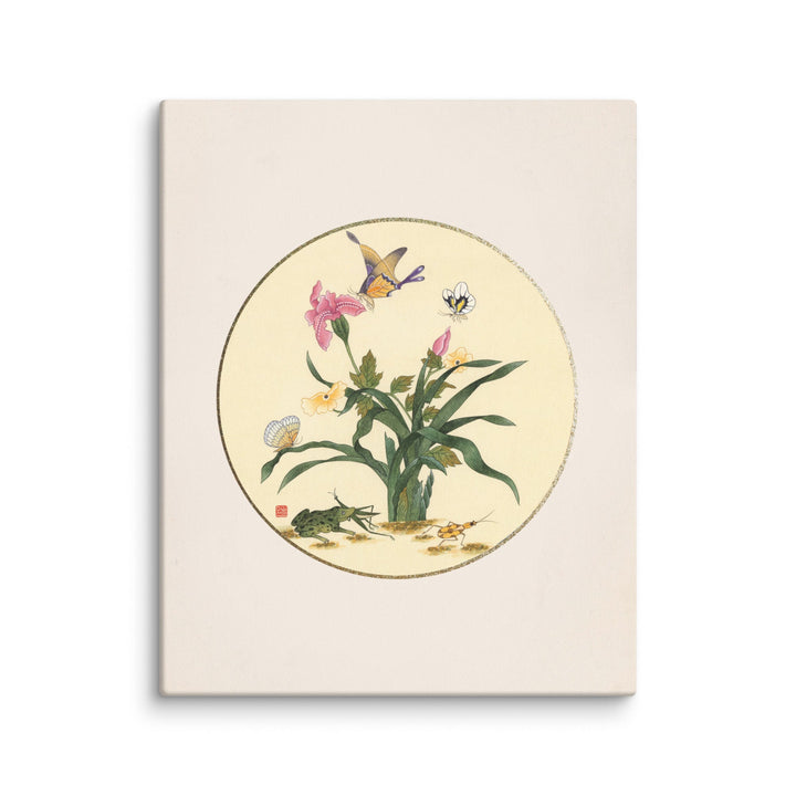 Leinwand - Blumen, Schmetteringe und Frosch ohne Rahmen / 41x51 cm (16″×20″) artlia