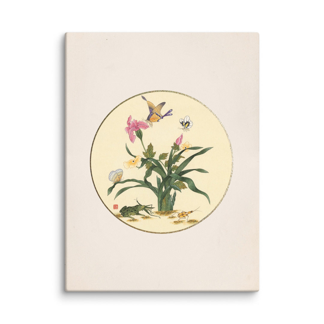 Leinwand - Blumen, Schmetteringe und Frosch ohne Rahmen / 46x61 cm (18″×24″) artlia