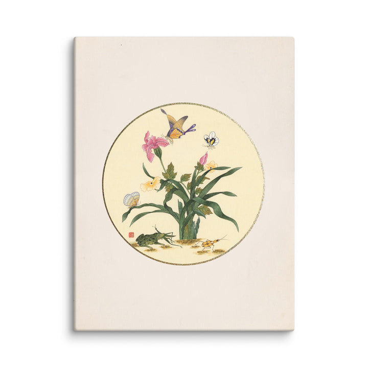 Leinwand - Blumen, Schmetteringe und Frosch ohne Rahmen / 46x61 cm (18″×24″) artlia