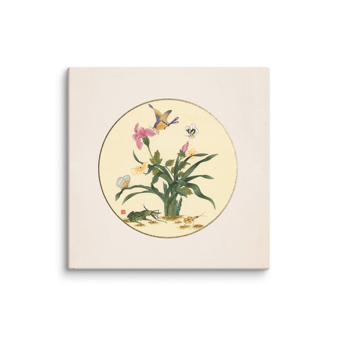 Leinwand - Blumen, Schmetteringe und Frosch ohne Rahmen / 81x81 cm (32"x32") artlia