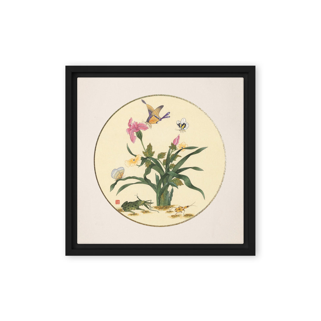 Leinwand - Blumen, Schmetteringe und Frosch Schwarz / 30x30 cm (12″×12″) artlia