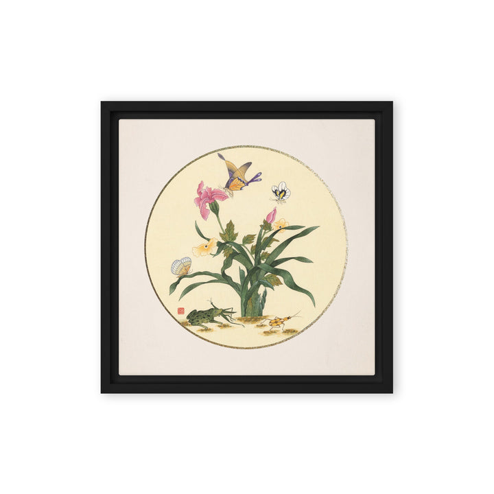Leinwand - Blumen, Schmetteringe und Frosch Schwarz / 30x30 cm (12″×12″) artlia