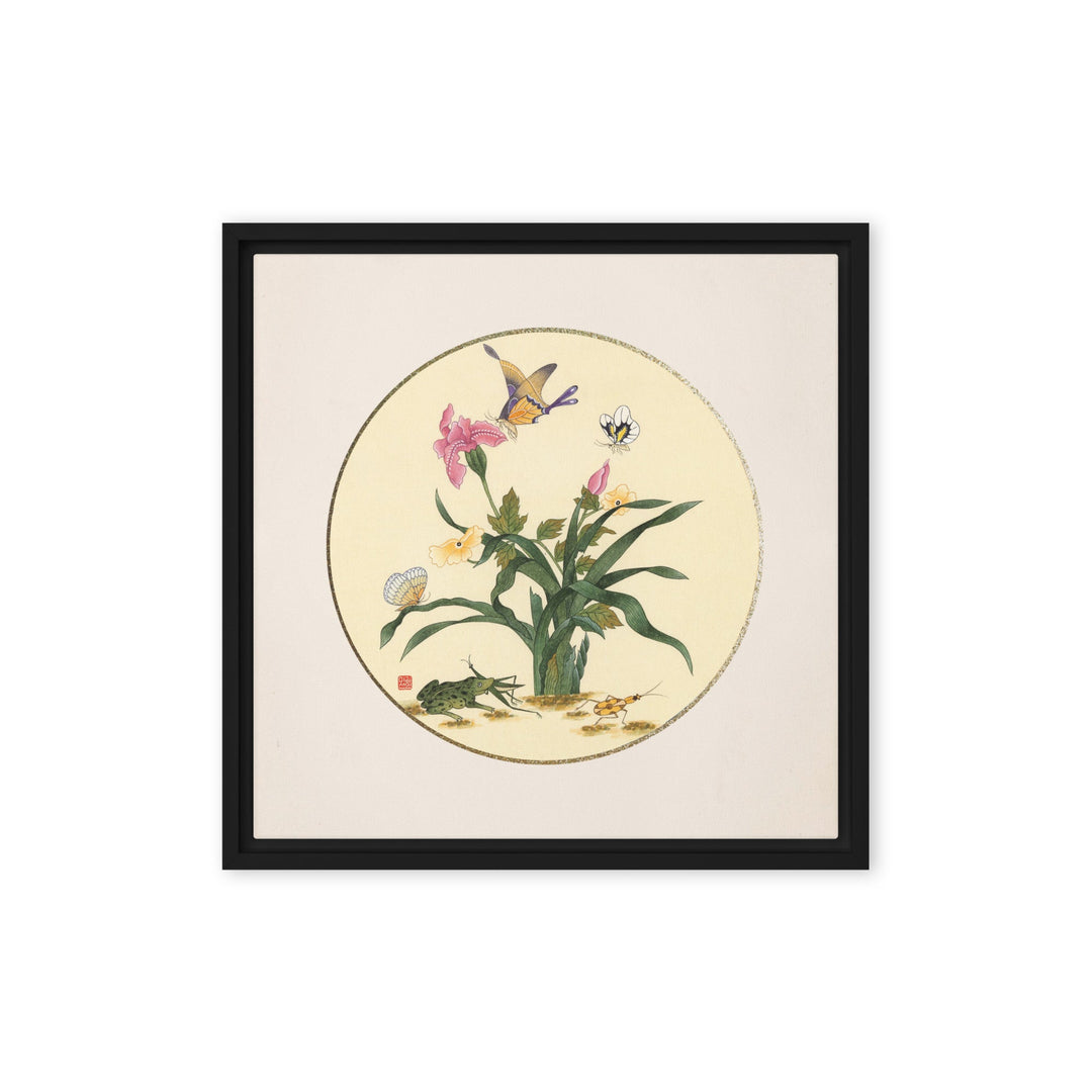 Leinwand - Blumen, Schmetteringe und Frosch Schwarz / 41x41 cm (16″×16″) artlia