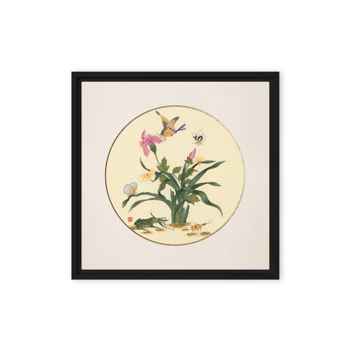 Leinwand - Blumen, Schmetteringe und Frosch Schwarz / 41x41 cm (16″×16″) artlia