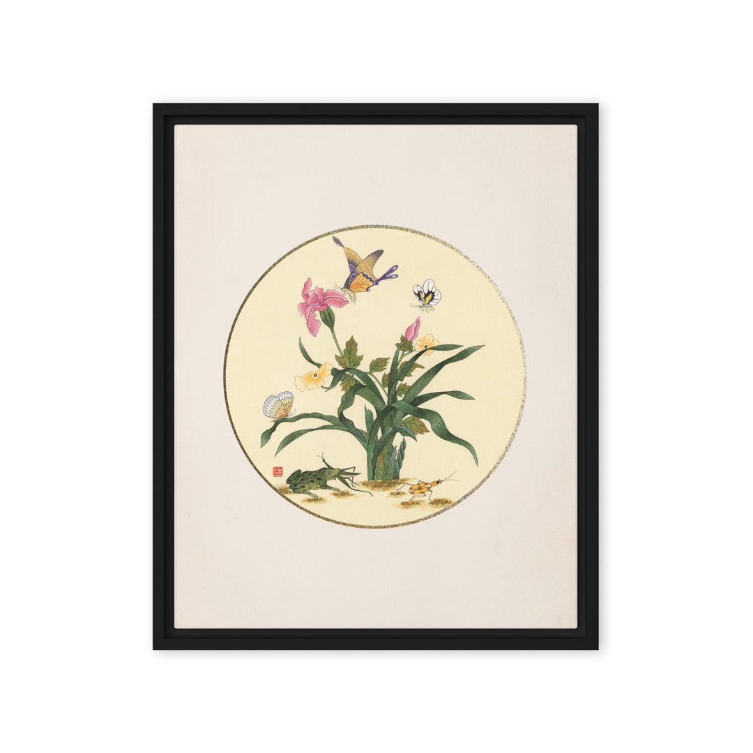 Leinwand - Blumen, Schmetteringe und Frosch Schwarz / 41x51 cm (16″×20″) artlia
