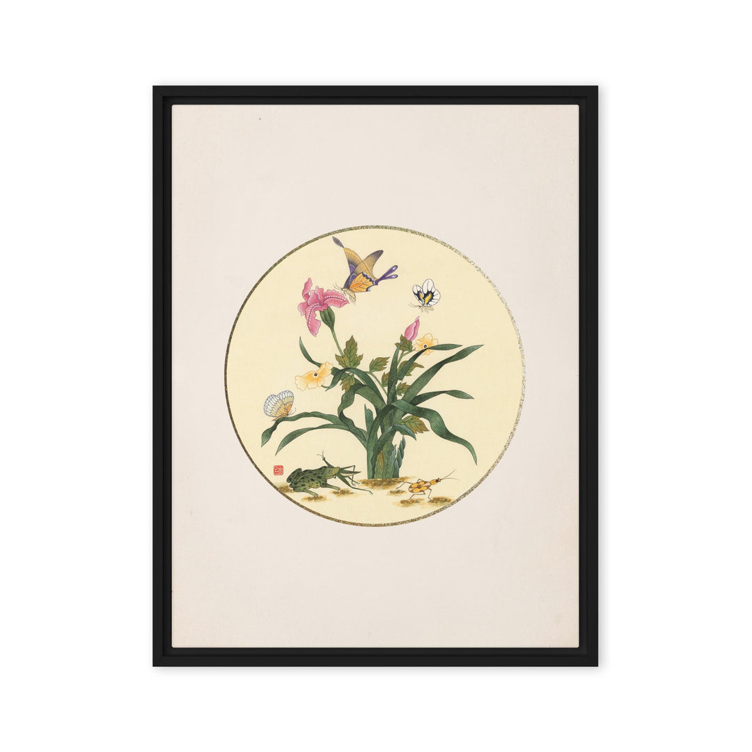 Leinwand - Blumen, Schmetteringe und Frosch Schwarz / 46x61 cm (18″×24″) artlia