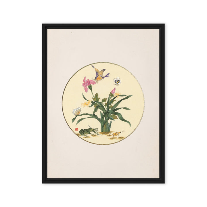 Leinwand - Blumen, Schmetteringe und Frosch Schwarz / 46x61 cm (18″×24″) artlia