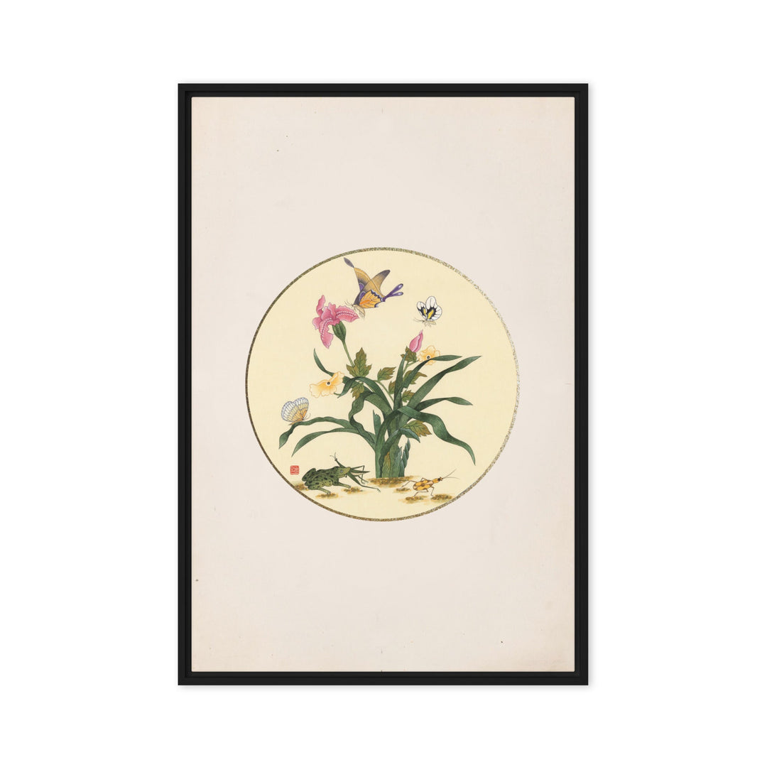 Leinwand - Blumen, Schmetteringe und Frosch Schwarz / 61x91 cm (24″×36″) artlia