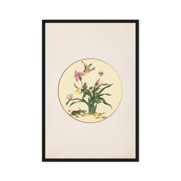 Leinwand - Blumen, Schmetteringe und Frosch Schwarz / 61x91 cm (24″×36″) artlia