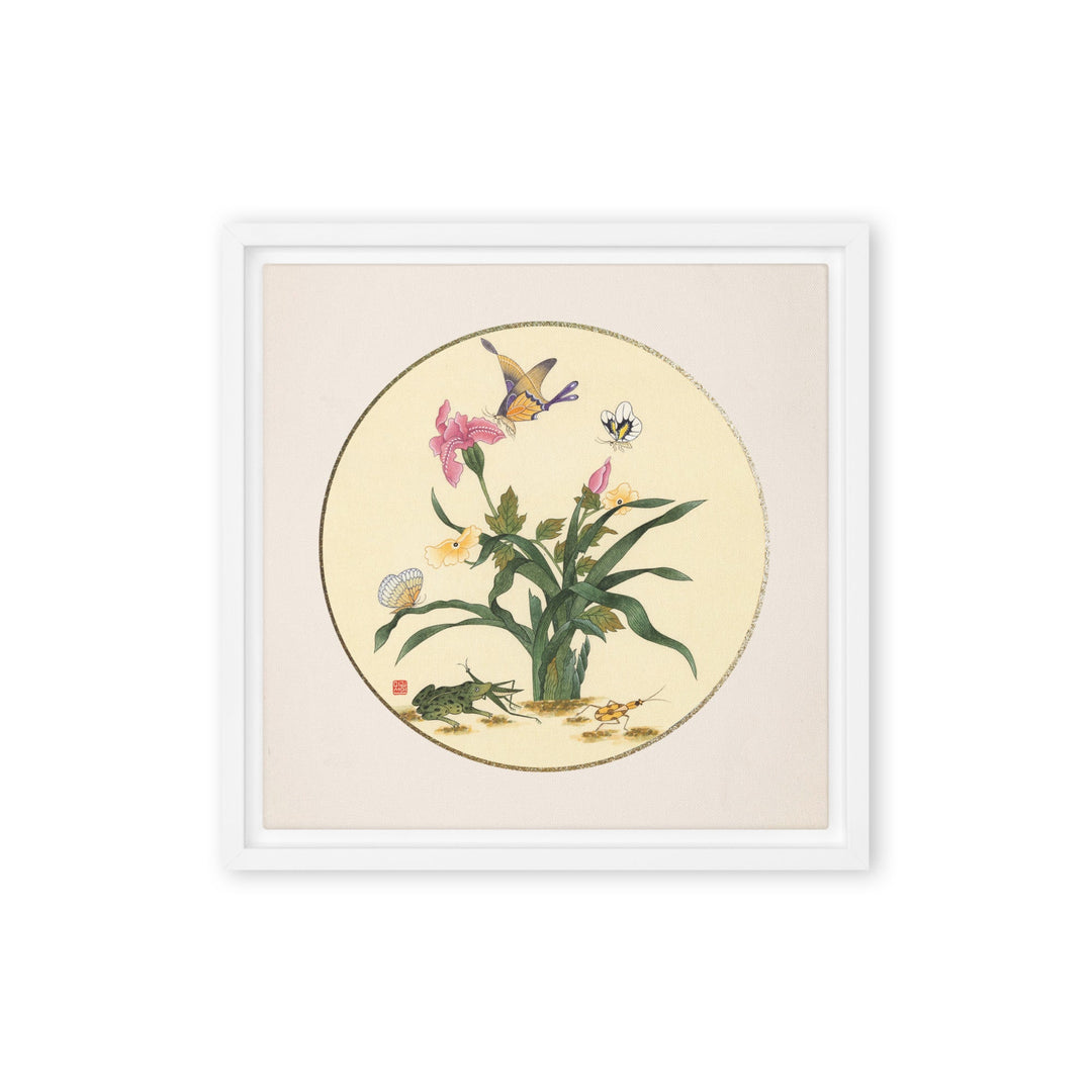 Leinwand - Blumen, Schmetteringe und Frosch Weiß / 30x30 cm (12″×12″) artlia
