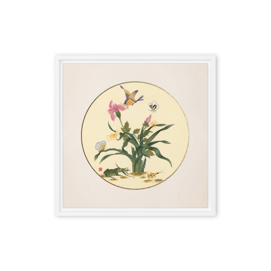Leinwand - Blumen, Schmetteringe und Frosch Weiß / 41x41 cm (16″×16″) artlia