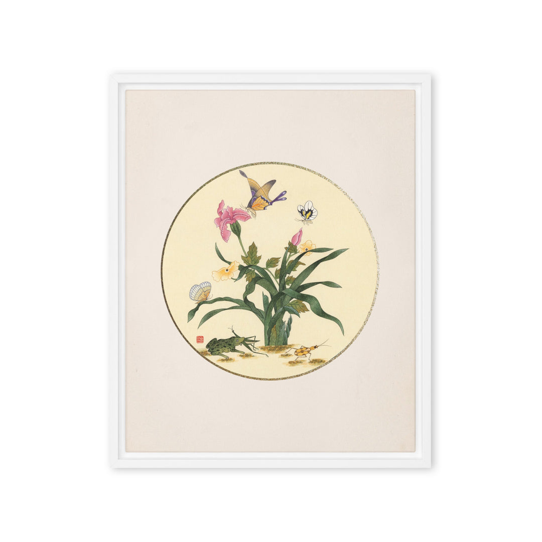 Leinwand - Blumen, Schmetteringe und Frosch Weiß / 41x51 cm (16″×20″) artlia
