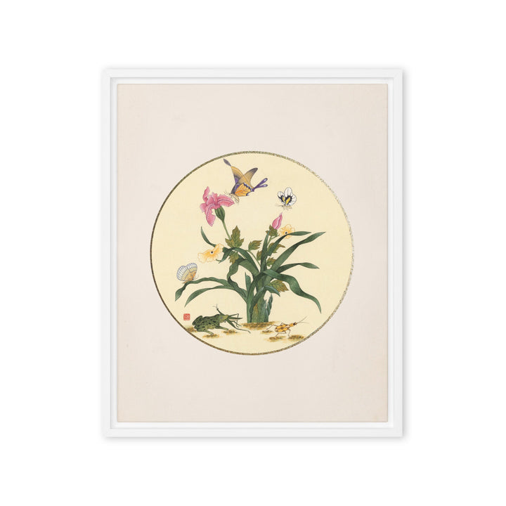 Leinwand - Blumen, Schmetteringe und Frosch Weiß / 41x51 cm (16″×20″) artlia