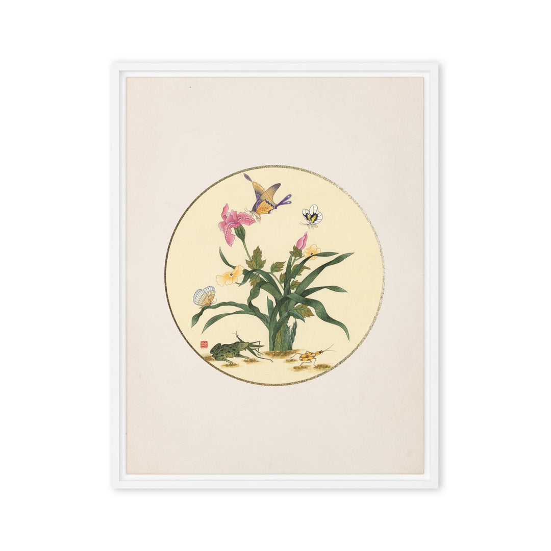 Leinwand - Blumen, Schmetteringe und Frosch Weiß / 46x61 cm (18″×24″) artlia