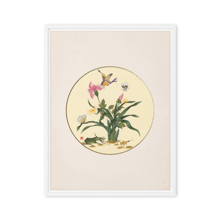 Leinwand - Blumen, Schmetteringe und Frosch Weiß / 46x61 cm (18″×24″) artlia