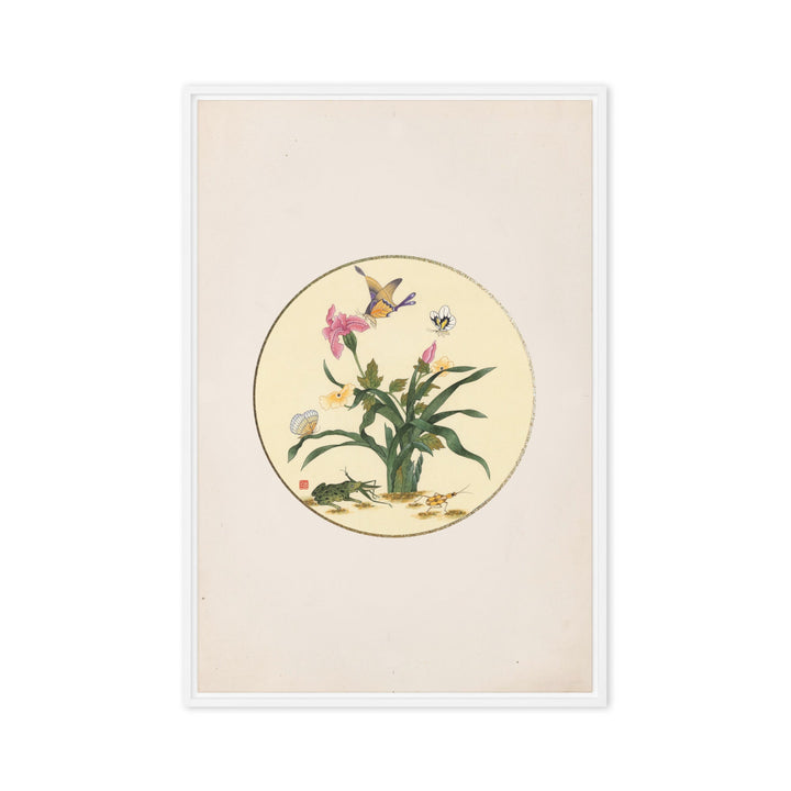 Leinwand - Blumen, Schmetteringe und Frosch Weiß / 61x91 cm (24″×36″) artlia