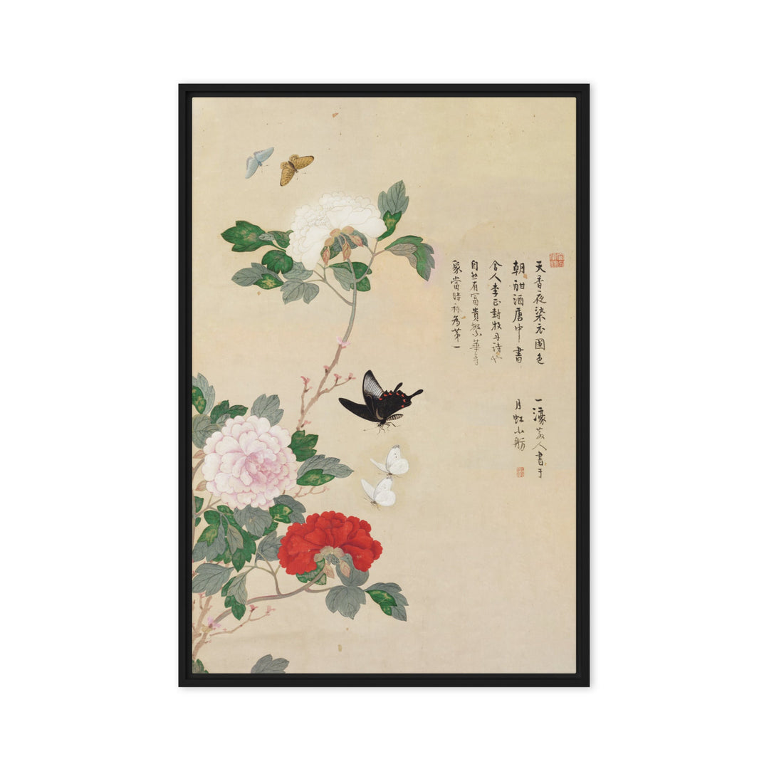 Leinwand - Blumen und Schmetterlinge Schwarz / 61x91 cm (24″×36″) artlia