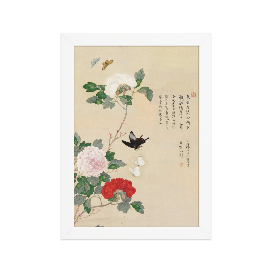 Poster - Blumen und Schmetterlinge Weiß / 21×30 cm artlia