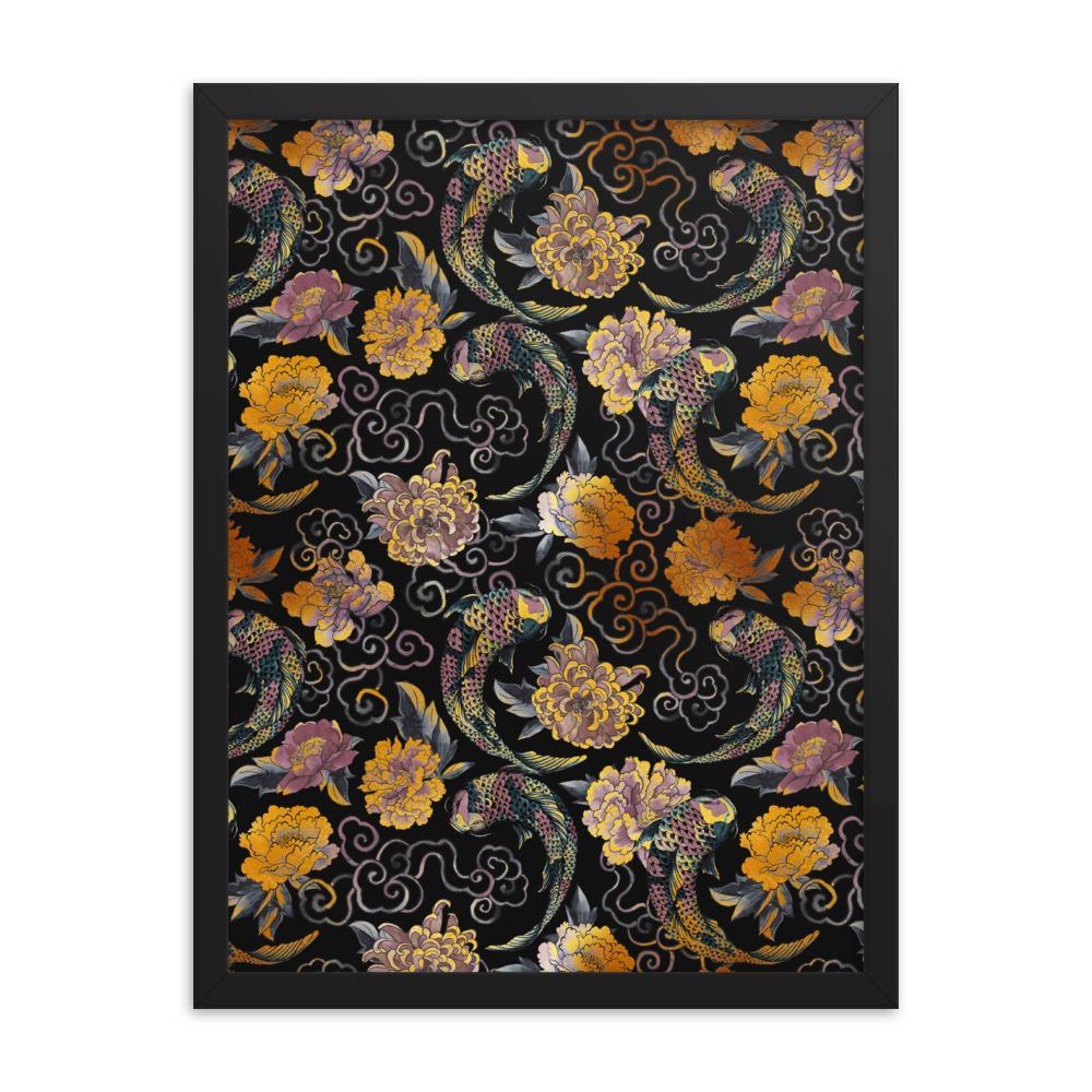 Blumen und Kois - Poster im Rahmen artlia