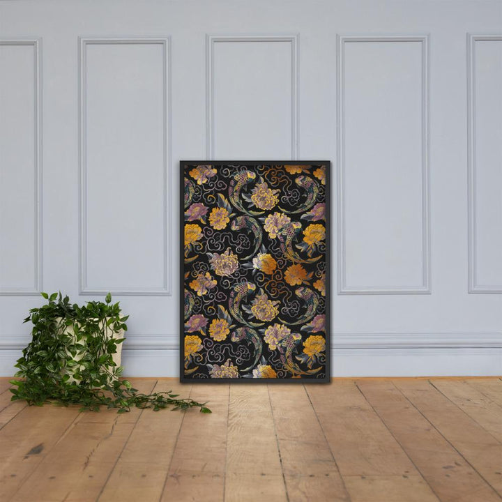 Blumen und Kois - Poster im Rahmen artlia