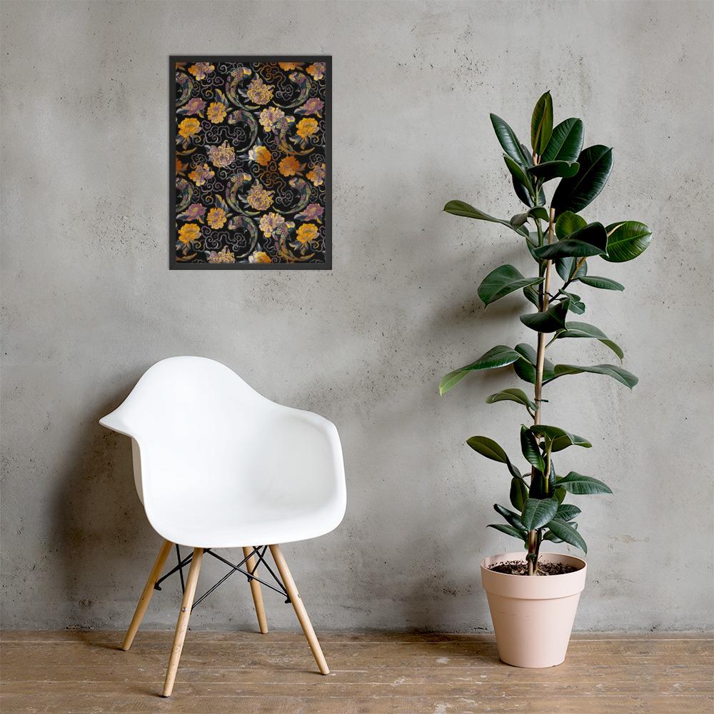 Blumen und Kois - Poster im Rahmen schwarz / 46x61 cm artlia