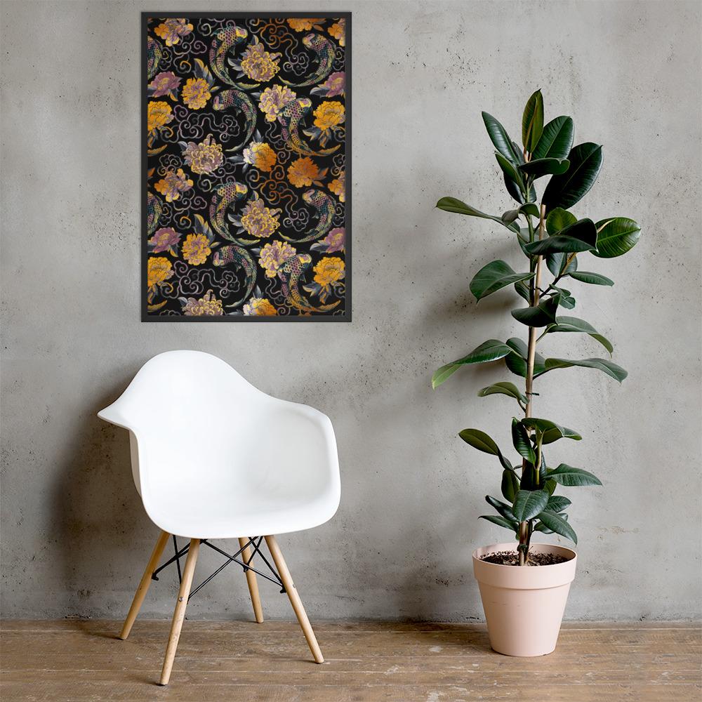 Blumen und Kois - Poster im Rahmen schwarz / 61x91 cm artlia