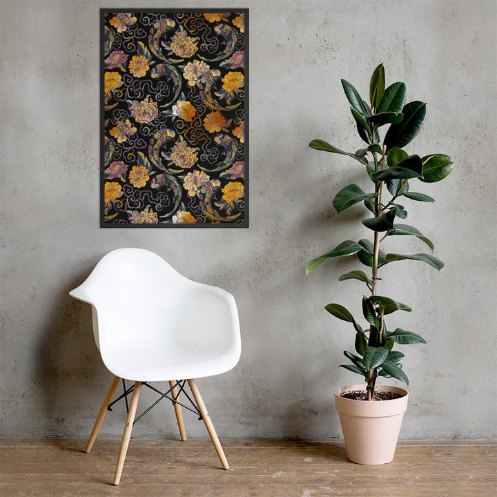 Blumen und Kois - Poster im Rahmen schwarz / 61x91 cm artlia