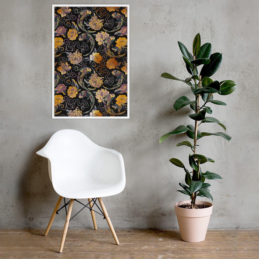 Blumen und Kois - Poster im Rahmen weiß / 61x91 cm artlia
