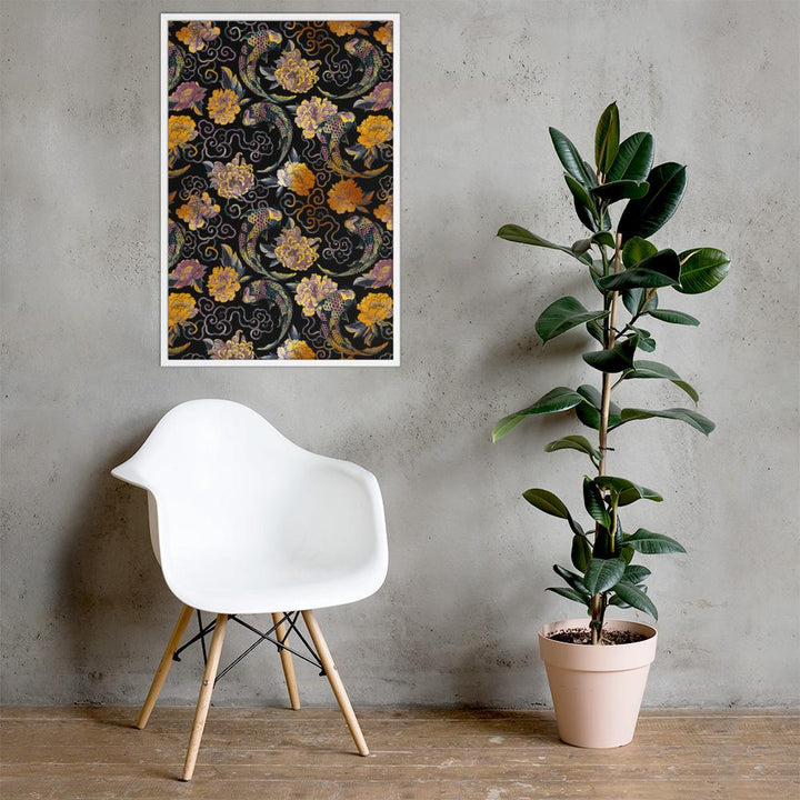 Blumen und Kois - Poster im Rahmen weiß / 61x91 cm artlia