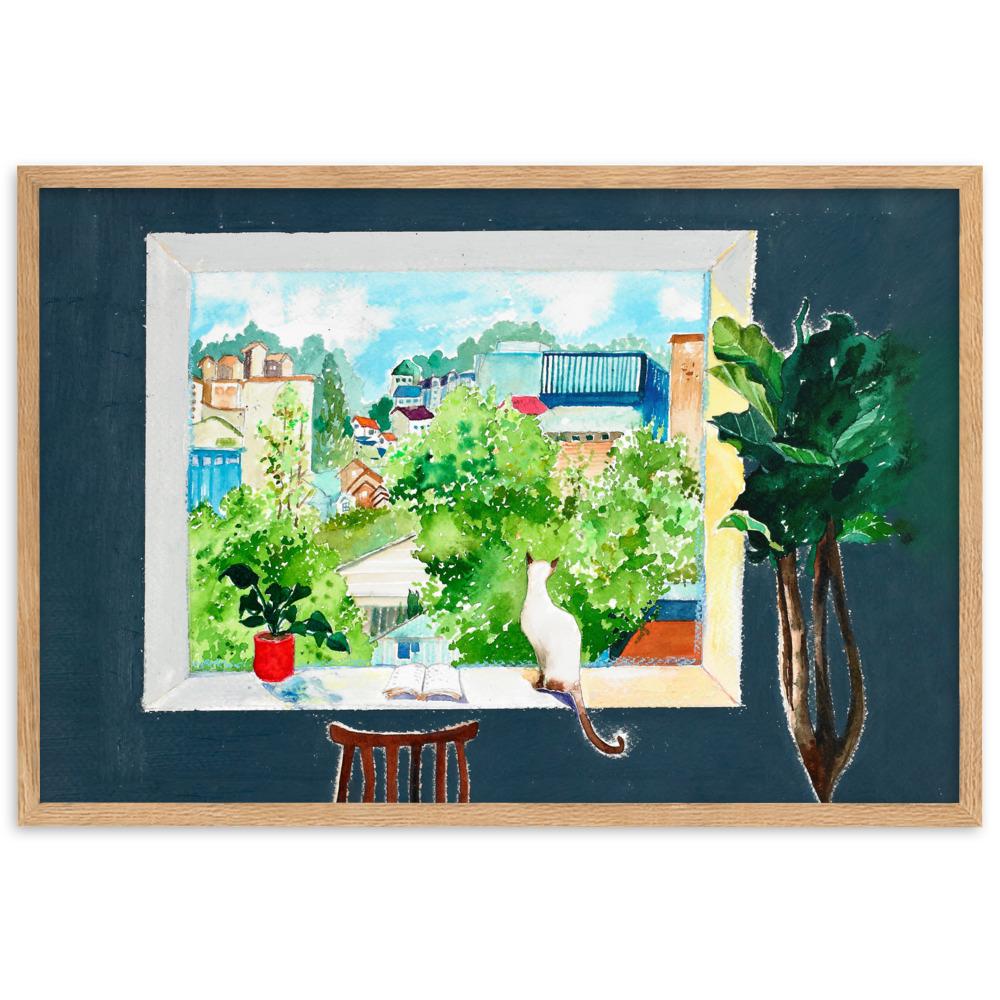 Die Katze, die Liebesgeschichten liest - Poster im Rahmen Oak / 61×91 cm artlia