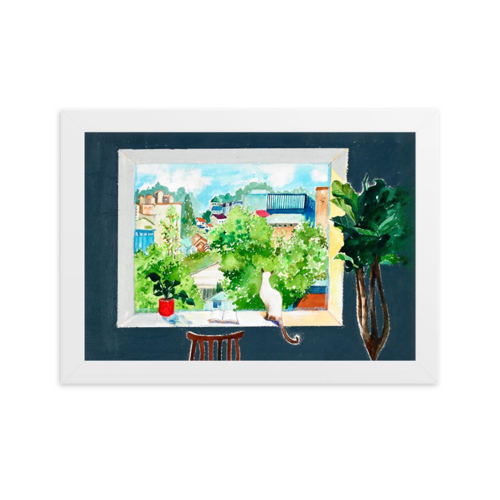 Die Katze, die Liebesgeschichten liest - Poster im Rahmen Weiß / 21×30 cm artlia