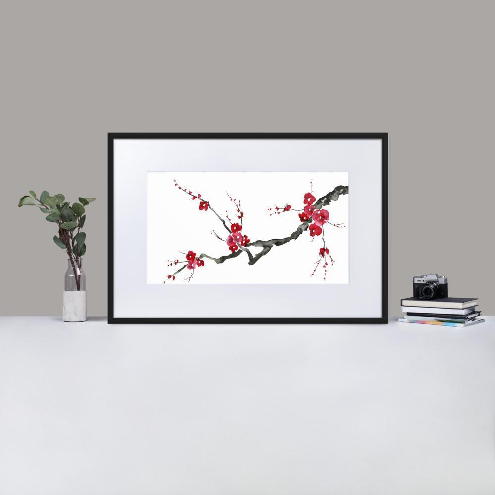 Pflaumenblüten - Poster im Rahmen mit Passepartout artlia