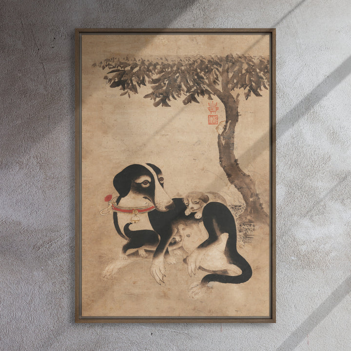 Hundemutter-mit-Welpen-framed-canvas-_in_-brown-24x36