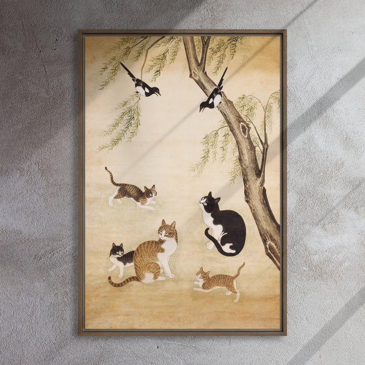 framed-canvas-_in_-brown-24x36-ji-un-jo-katzen-unter-der-weide-cats-under-the-willow