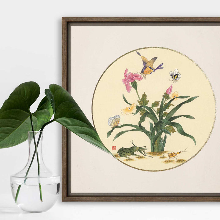Leinwand - Blumen, Schmetteringe und Frosch Misun Kim artlia