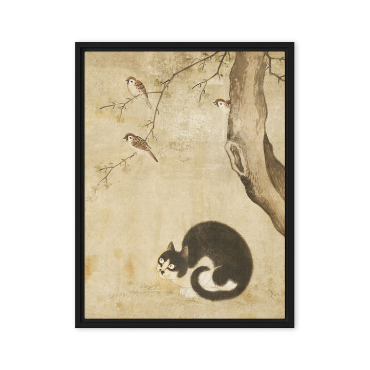 Leinwand - Katze und Spatzen, Byeon Sang-byeok Byeon Sang-byeok Schwarz / 46x61 cm (18″×24″) artlia
