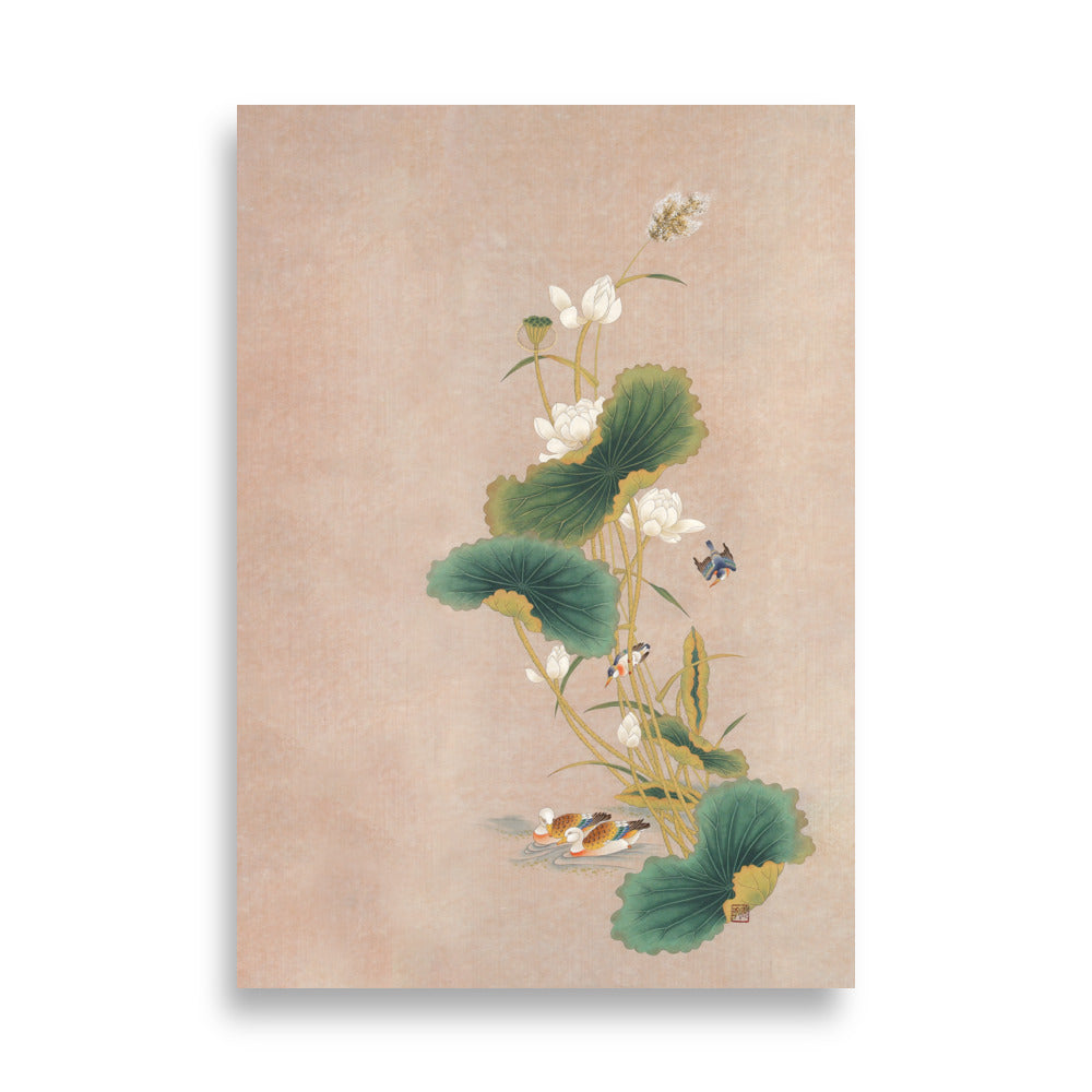 Affiche - Seungmin Yoon, Fleurs de lotus avec oiseaux